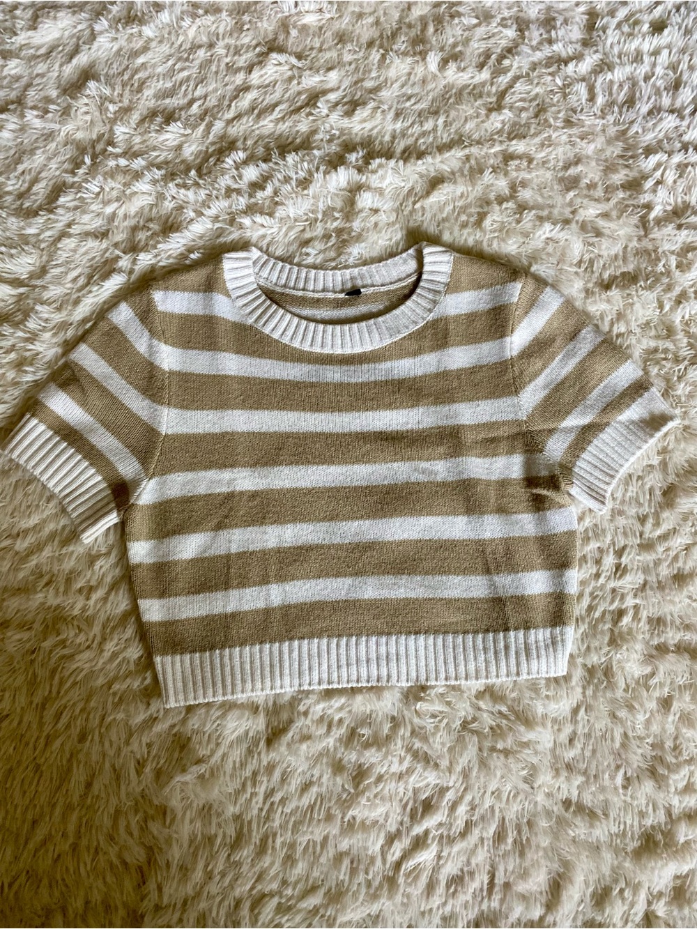 Striped Short-Sleeve Knit Crop Top in Beige & White